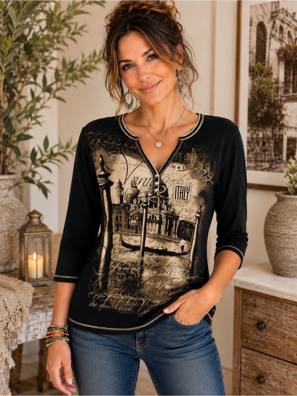 Blue Canyon Venice Italy Graphic Henley Top Black 100% Cotton Size Large A26